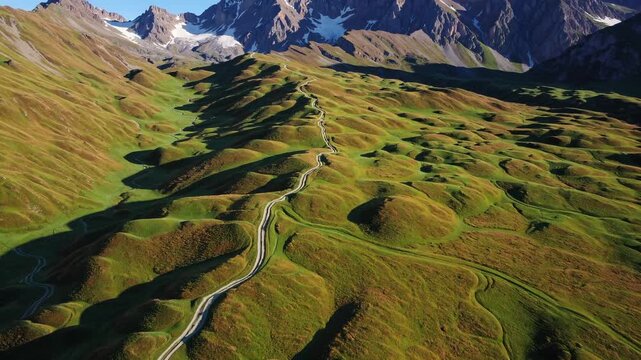 Aerial drone view of a winding mountain road snaking across rolling green alpine meadows and hummocky hills, leading toward jagged snow‑streaked peaks