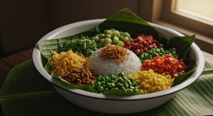 A large white bowl holds a mound of steamed rice surrounded by colorful, assorted vegetables and crispy fried toppings
