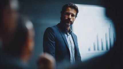Confident businessman in a suit presenting a growth chart to an audience in a dimly lit modern conference room conveying leadership and strategic