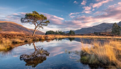 Fototapeta premium Tranquil Highland loch at dawn. A lone pine reflects perfectly in the calm water, framed by autumnal hills and a vibrant sky