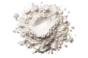 A mound of white flour, piled high in a circular shape, with a slight hollow in the center.  Flour particles are visible, radiating outward from the center