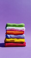 A stack of colorful t-shirts against a vibrant purple background