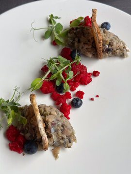Plato gourmet: pescado con frutos del bosque y berros servido en plato blanco liso