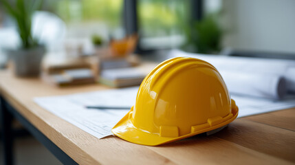 Construction Plans and Budget Documents Scattered on Wooden Desk with Grainy Texture and Pencil Marks Yellow Hard Hat Symbolizing Precision Blurred Office Background Highlighting
