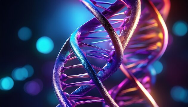 a 3d rendered close up of a dna double helix showing the twisted ladder structure with blue and purple strands