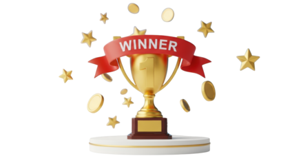 Golden Trophy with Red Winner Ribbon and Falling Coins Stars award prize isolated on a transparent background