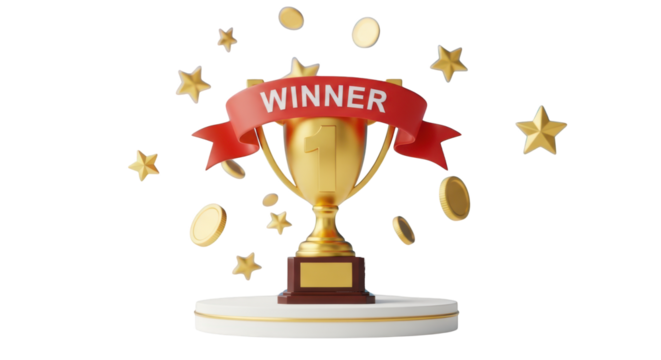 Golden Trophy with Red Winner Ribbon and Falling Coins Stars award prize isolated on a transparent background