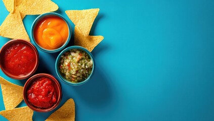 Colorful tortilla chips with assorted dips