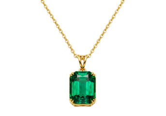 A radiant emerald-cut gemstone pendant hangs from a golden chain against a stark black backdrop.
