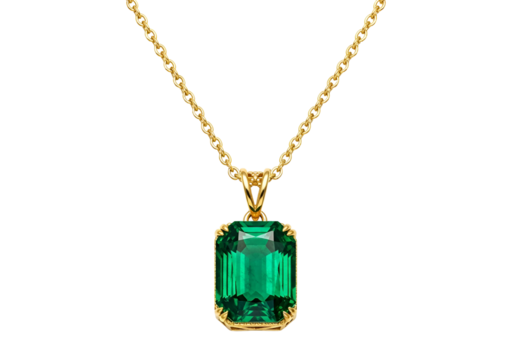 A radiant emerald-cut gemstone pendant hangs from a golden chain against a stark black backdrop.