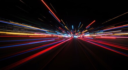 Fototapeta premium Vibrant streaks of light illuminate a dark roadway, creating a dynamic and fast-paced scene.