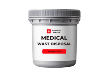 A container labeled for medical waste disposal, featuring a biohazard symbol and a clear indication of its purpose.