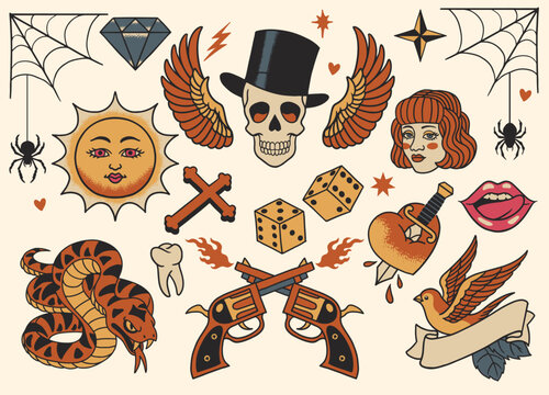 Set Of Various Vintage Flash Tattoo Design Collection