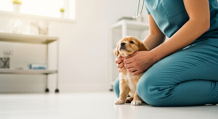 A close-up of a veterinarian's hands gently holding an adorable golden retriever puppy during a checkup at a clinic.