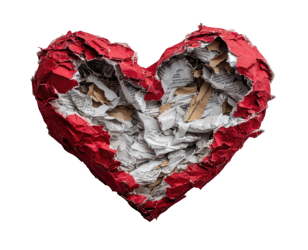 A red heart shape, ripped and filled with shredded paper