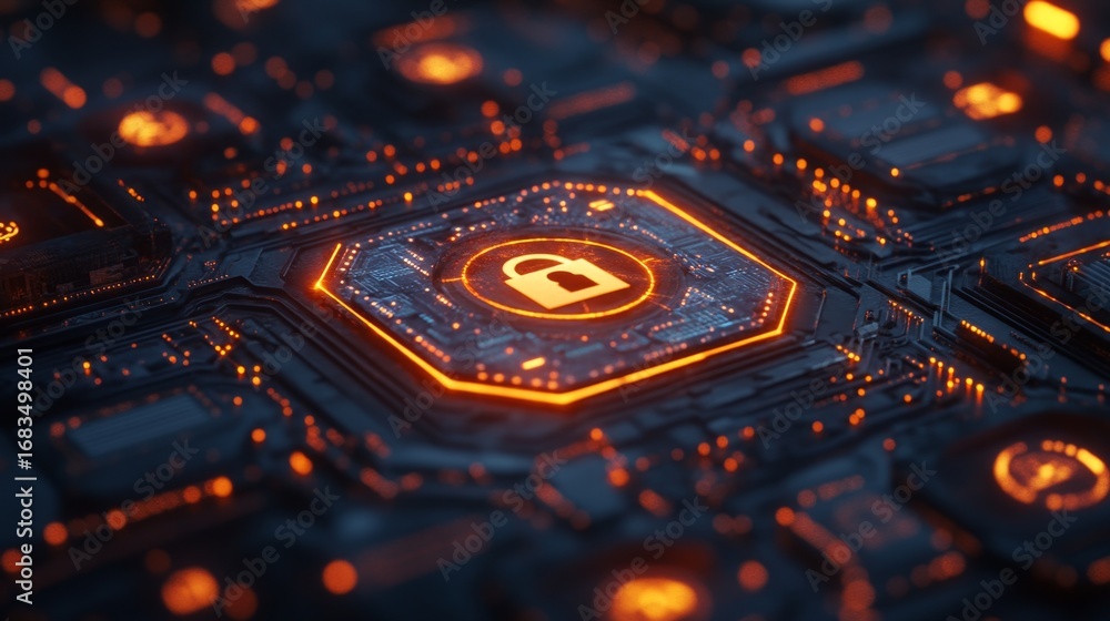 Poster unlocking innovation a glowing digital lock surrounded by tech symbols in a futuristic environment