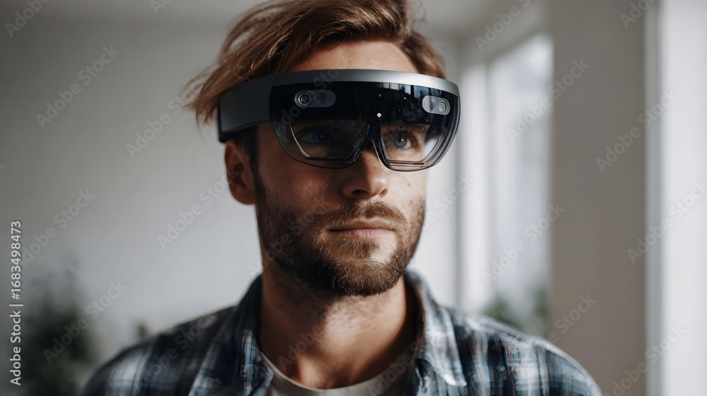 Poster man wearing advanced augmented reality glasses for an immersive digital experience in a modern indoo