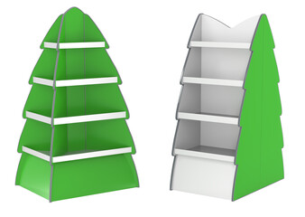 Retail Christmas tree shaped cardboard display stands. 3d illustration transparent background