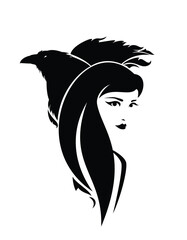 shaman sorceress woman with long hair and pet raven bird with feathered wing black and white vector portrait