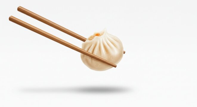 A single, plump, steamed dumpling is suspended in air, held by two wooden chopsticks against a clean white background. A hint of filling is visible