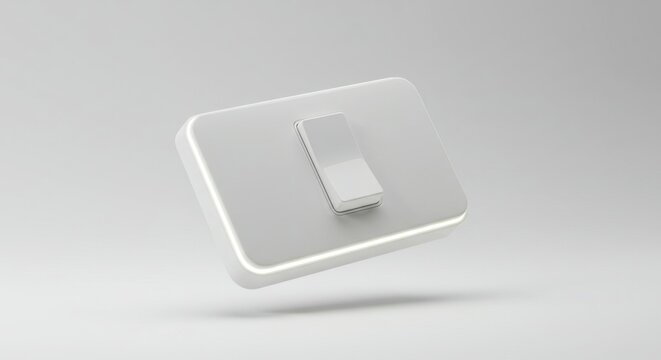 A modern, isolated light switch with a white rectangular face and a toggle in the center, subtly lit with glowing outlines