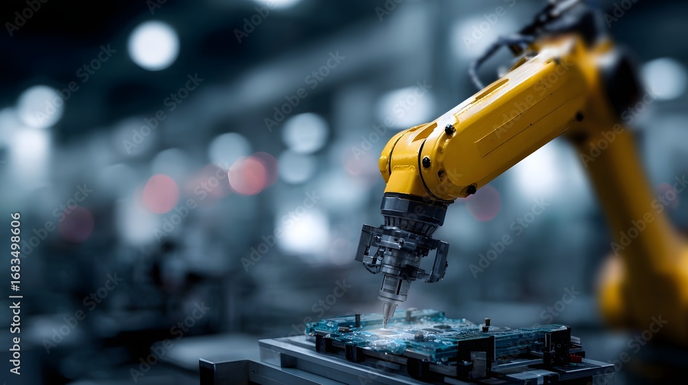 Aufkleber yellow robotic arm precisely assembles an electronic circuit board showcasing advanced automation an