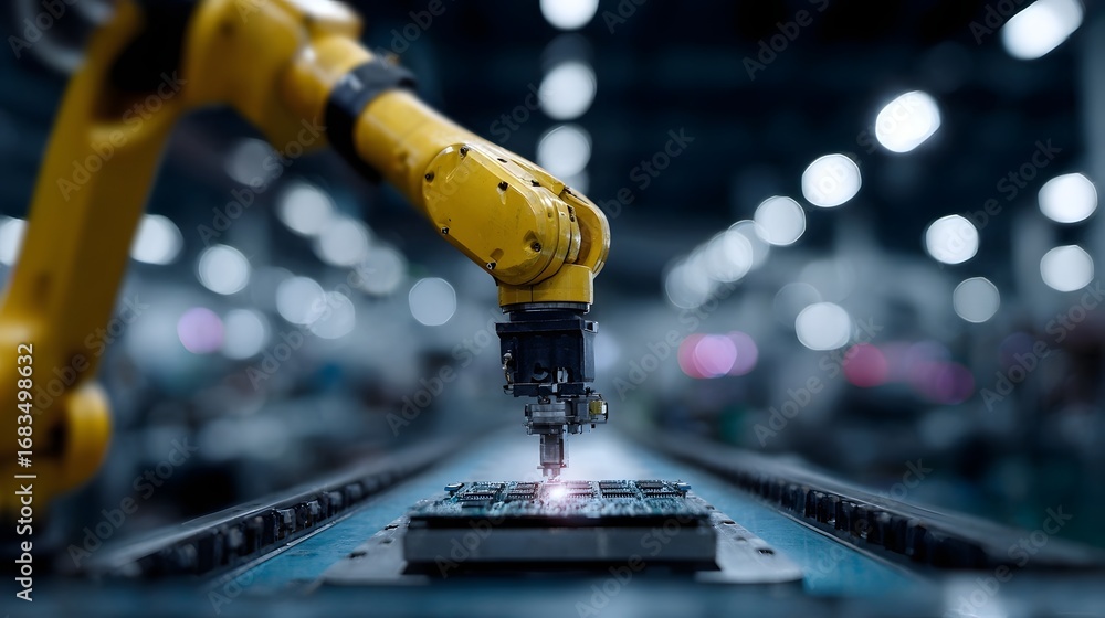 Poster yellow robotic arm precisely assembles an electronic circuit board on a conveyor belt in a modern fa