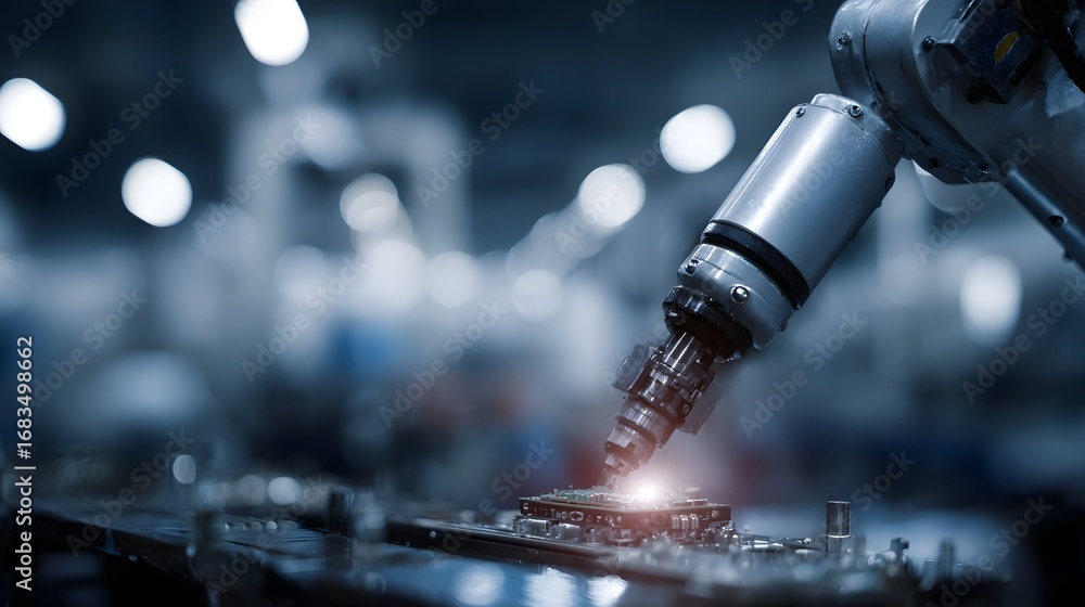 Aufkleber robotic arm performing precision assembly on an electronic circuit board in a modern automated facto