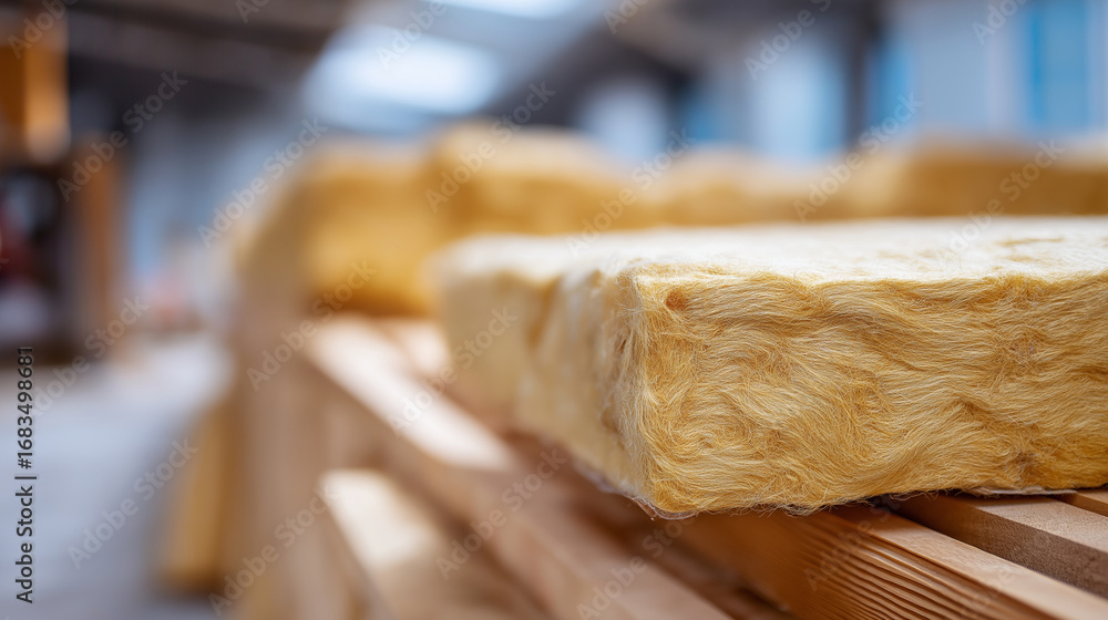 Poster construction site with mineral wool insulation in wall cavities emphasizing quality materials and su