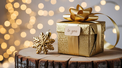 Glittering gold gift box with snowflake ornament and bokeh lights
