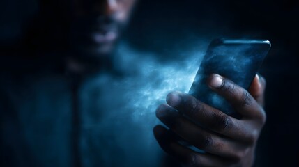 Person holding a smartphone with a glowing blue futuristic holographic display emanating light in a dark mysterious setting