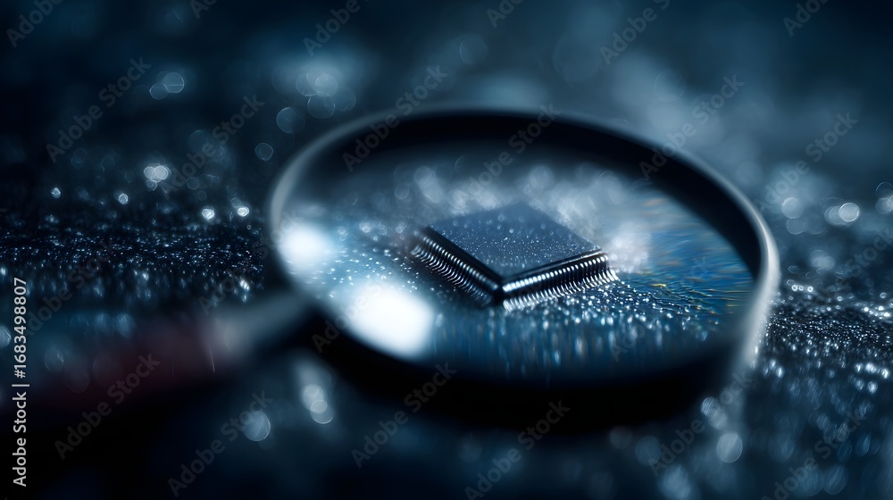 Poster a magnifying glass reveals the intricate details of a microchip on a circuit board symbolizing techn