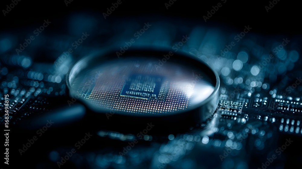Poster a magnifying glass inspects a glowing microchip on a dark circuit board symbolizing technological re