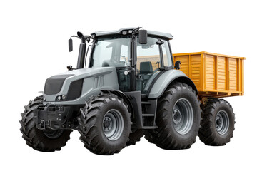 Obraz premium A powerful tractor with large tires and a yellow trailer, designed for agricultural and heavy-duty tasks.