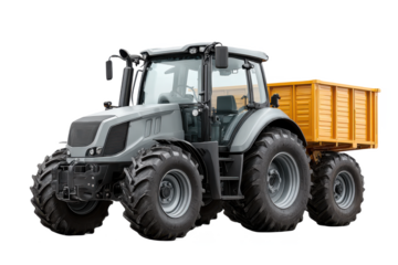 A powerful tractor with large tires and a yellow trailer, designed for agricultural and heavy-duty tasks.