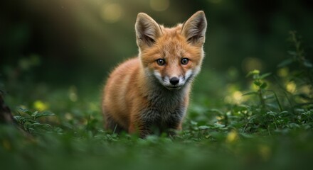 A red fox kit, small and fluffy, gazes directly at the camera from amidst lush green vegetation, bathed in soft, dappled sunlight.  Its large ears are erect, and its fur is a vibrant reddish-orange.
