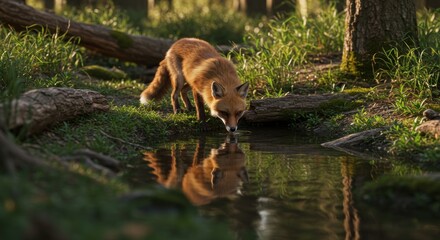 A red fox drinks from a calm, shallow woodland stream, its reflection mirrored perfectly in the still water.  The surrounding area is lush with green grass and moss-covered logs.

