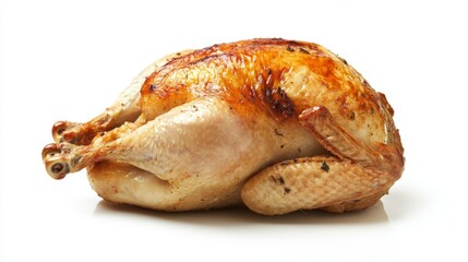 Whole roasted chicken kitchen food photography isolated on white background top view golden brown perfection