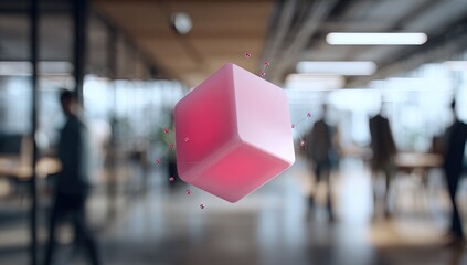 Abstract 3D pink cube, floating in a modern office space