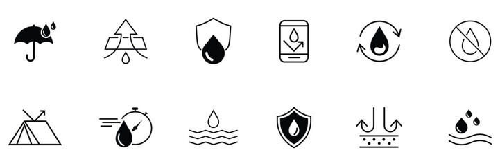 Collation of waterproof Icon Set. Water resistant icons for package. Water protection icon with shield. Liquid repellent, anti-wetting, impermeable material, moisture barrier, water protection. vector