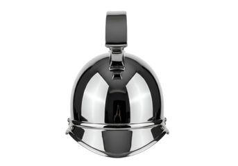 Polished, reflective helmet, showcasing a smooth surface, set against a stark black backdrop.