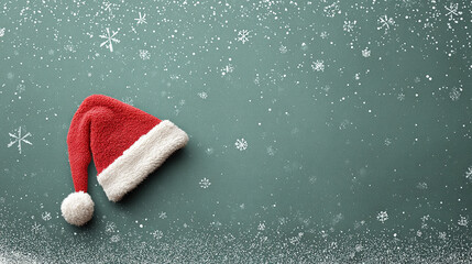 Red Santa hat on green background with falling snowflakes - Festive winter background concept