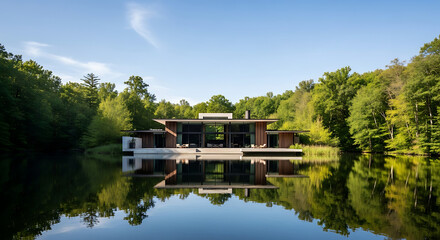 Fototapeta premium Symmetrical reflection of a modern architectural home on a tranquil forest lake during a sunny day