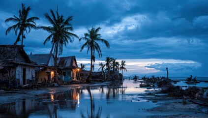 Coastal village at twilight after storm