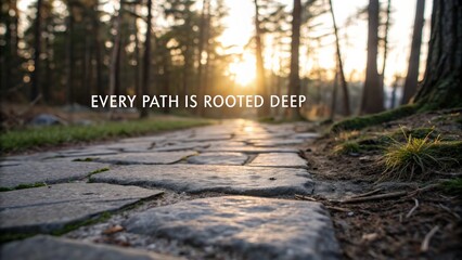 Scenic cobblestone pathway in forest at sunset with inspiring quote