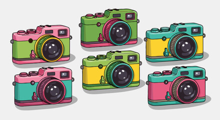 Colorful Flat Vector SVG Illustration of Multiple Retro Cameras with Bright Colors and Geometric Style for Web and Digital Design
