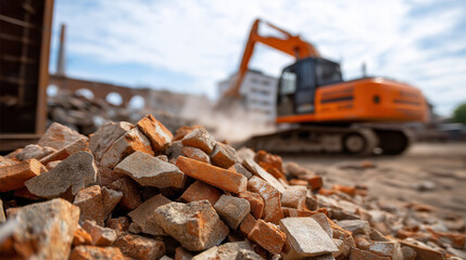 Massive Pile of Shattered Bricks and Twisted Rebar in Container Orange Excavator Working in Dusty Demolition Site with Debris Clouds Conveying Industrial Deconstruction and Raw