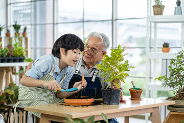 Grandfather gardening and teaching grandson take care  plant indoors while happiness together