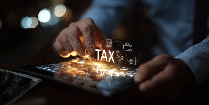 Close-up of hands interacting with a tablet displaying "TAX" overlaid with financial icons in a dark setting