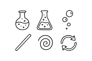 hand drawn cute doodle style line isolated on white background: chemical mixture beaker flask bubble rise stir swirl marks blend icon